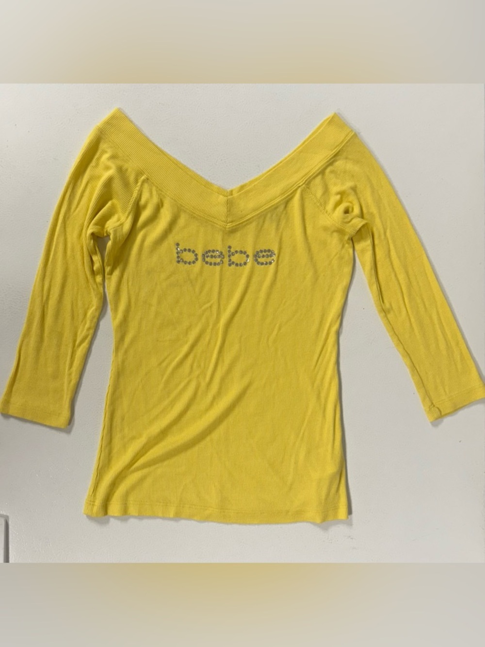 Bebe Y2K Rhinestone Logo 3/4 Sleeve Ribbed Knit Top Off Shoulder Yellow USA L